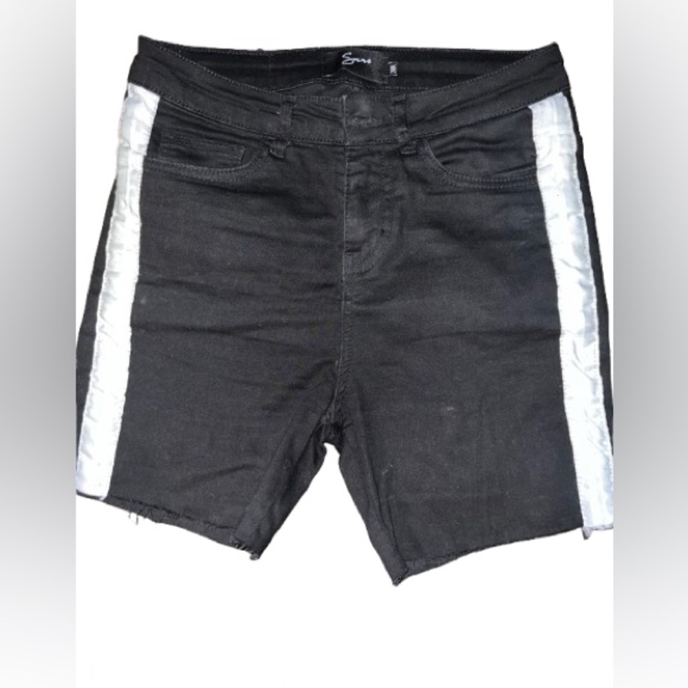 Black Denim Shorts with White Stripes